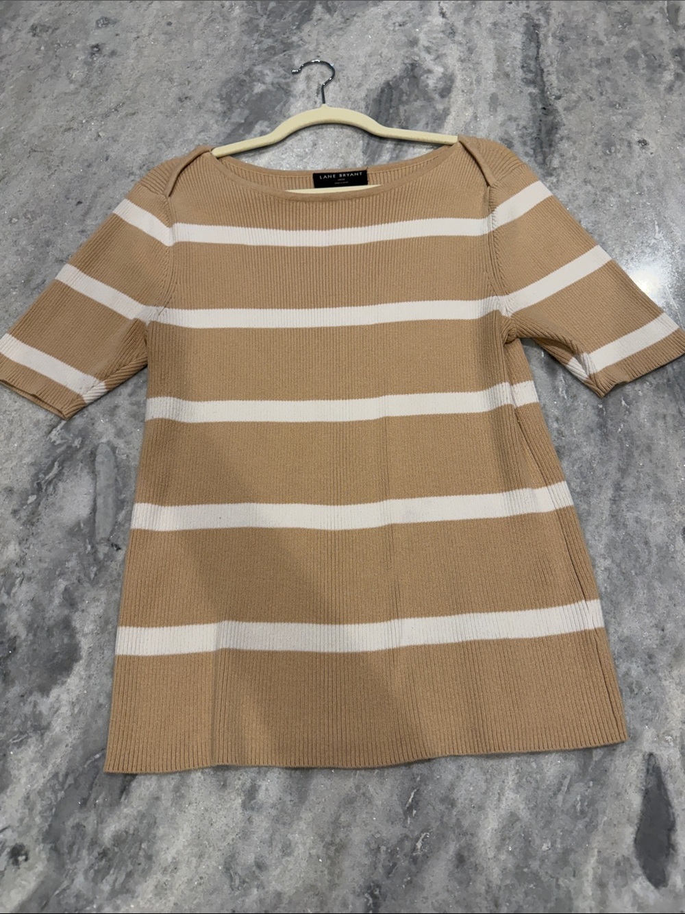 Lane Bryant Camel and White Striped Short Sleeve Sweater
